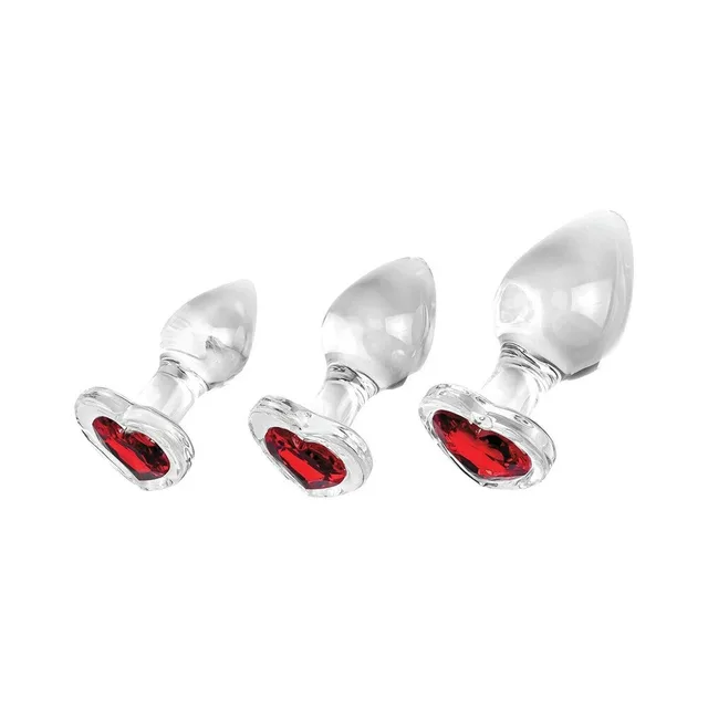 Adam & Eve Red Heart three-piece glass plug set three graduated clear plugs angled together