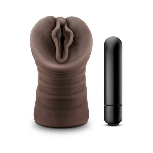 Hot Chocolate Alexis brown stroker upright front view with molded opening and bullet at right