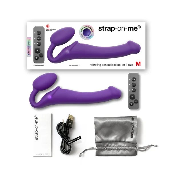 Purple medium Strap-On-Me set with remote, cable, pouch and box