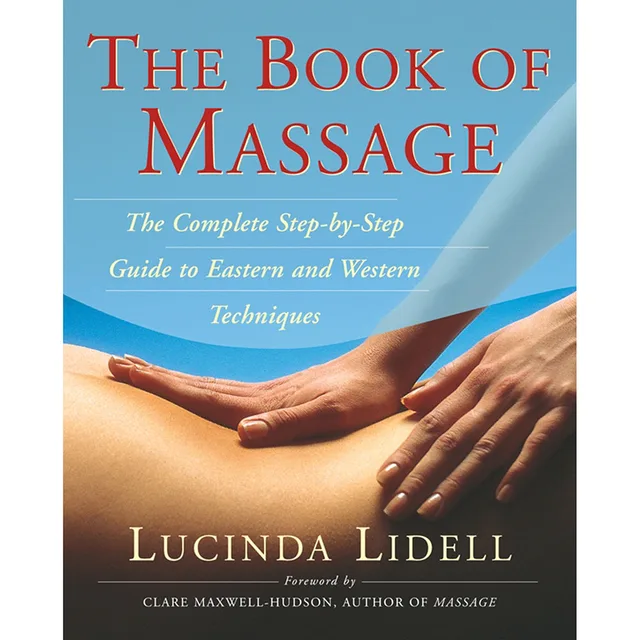 blue and brown Book of Massage cover with two hands performing a back massage