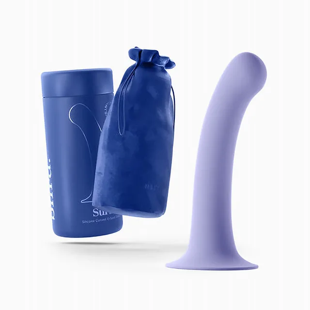 Biird Surii dildo beside blue storage tube and drawstring pouch