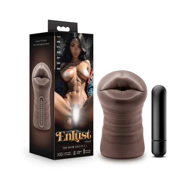brown EnLust Krystal ribbed stroker with black bullet vibrator and retail box