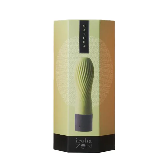 iroha Zen Matcha mini vibrator tall green-and-gold box with ribbed green product graphic and black name strip