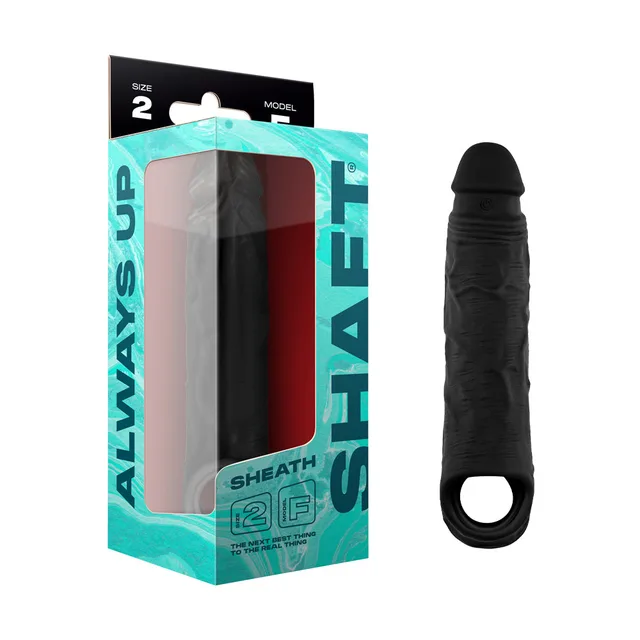 Black Shaft Model F size 2 textured sheath beside windowed package