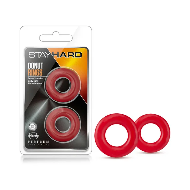 Stay Hard Donut Rings red two-pack beside retail package