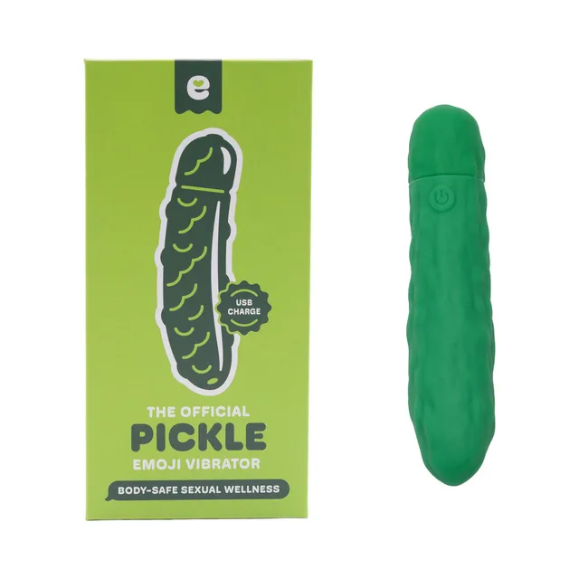 green pickle-shaped Emojibator with raised texture beside lime green retail box