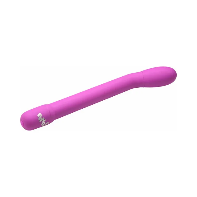 BANG purple slim curved vibrator left side profile of the angled neck