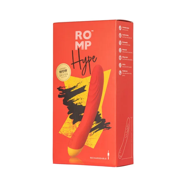 ROMP Hype red curved vibrator pictured on orange retail box