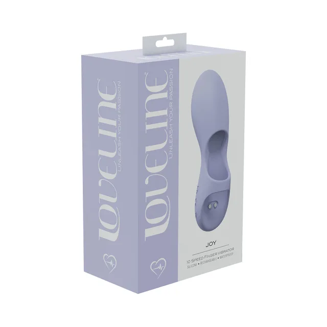 lavender LoveLine Joy finger vibrator with open loop on purple box