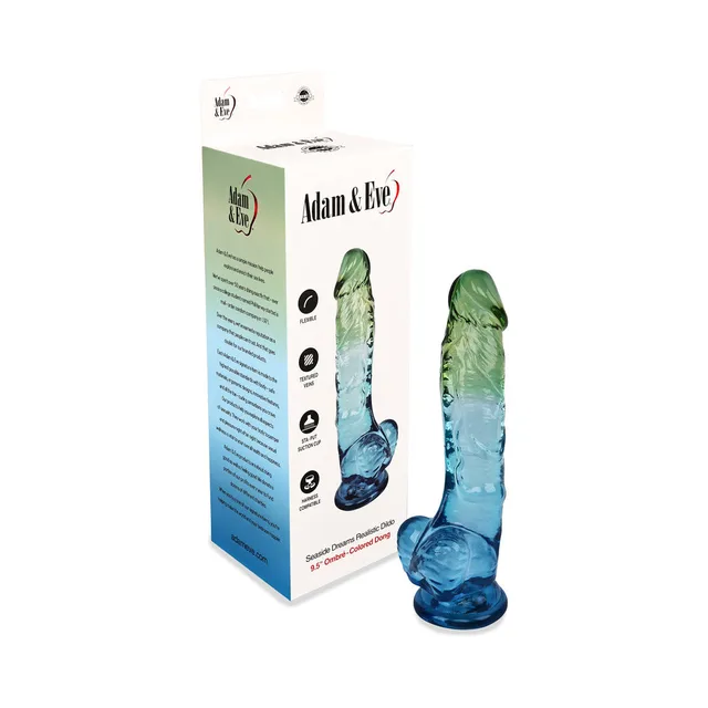 Adam and Eve Seaside Dreams 9.5-inch dildo beside retail box