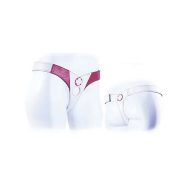 Front and rear views of white Tantus Nurse harness with red accents