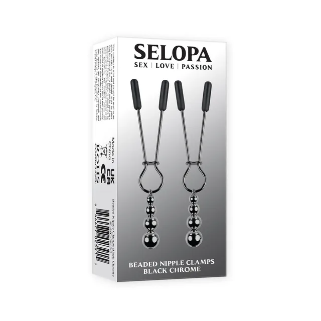 Selopa Beaded Nipple Clamps retail box in black chrome style