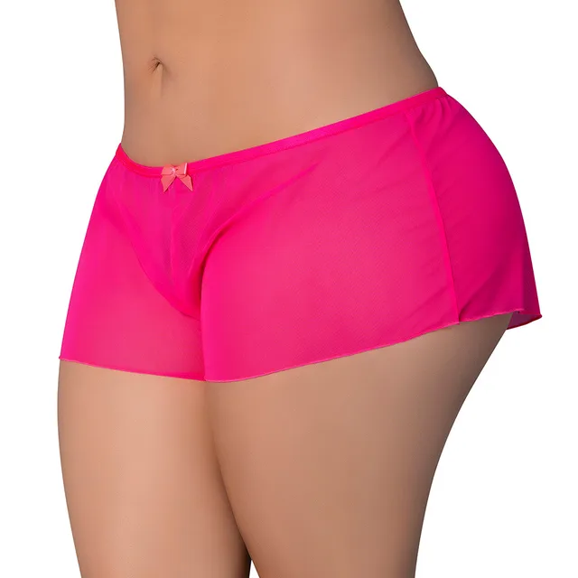 Close front view of Queen size neon-pink Pink Kink flowy boy shorts