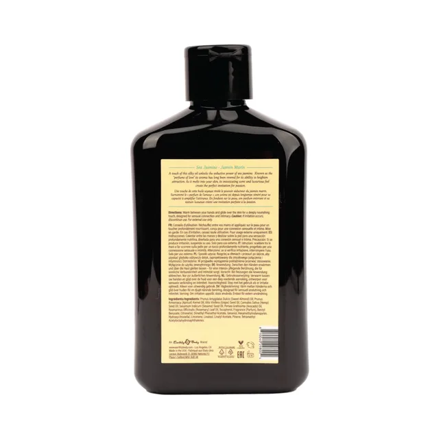 Back label of 8.4 oz Earthly Body sea jasmine massage oil