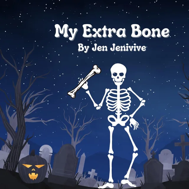 Front cover of My Extra Bone adult humor book with a skeleton holding a bone in a moonlit graveyard
