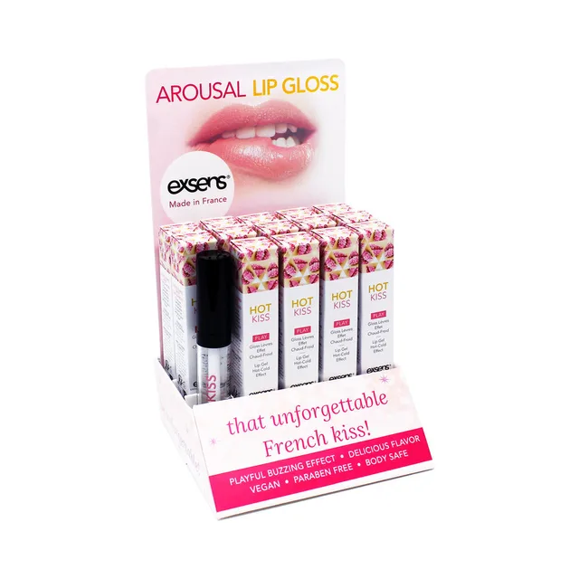 Exsens Hot Kiss counter carton with 15 strawberry lip gloss tubes