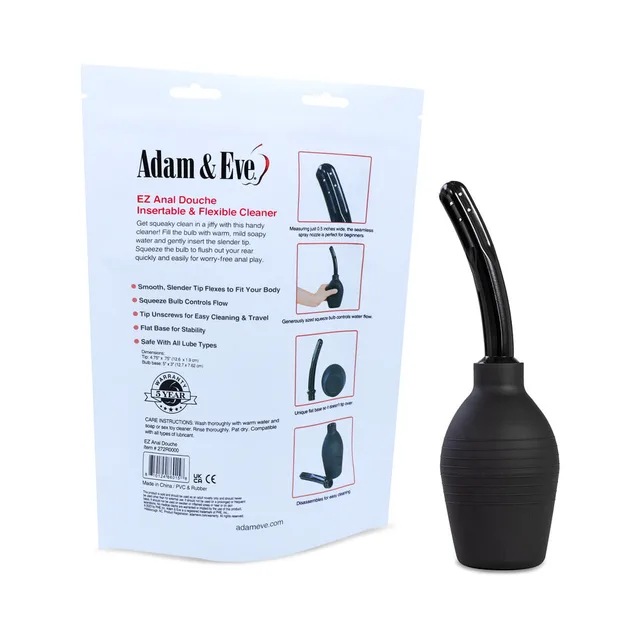 Adam & Eve EZ black flexible-tip anal douche beside rear bag panel with diagrams