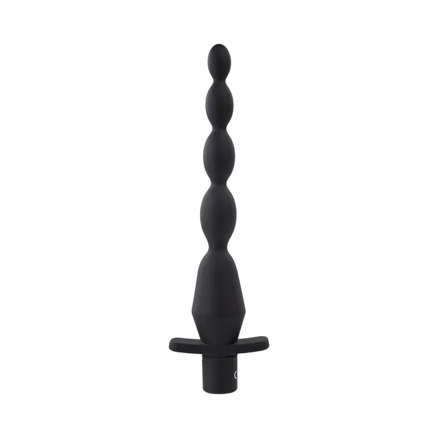 front view of five black graduated beads with wide flared base