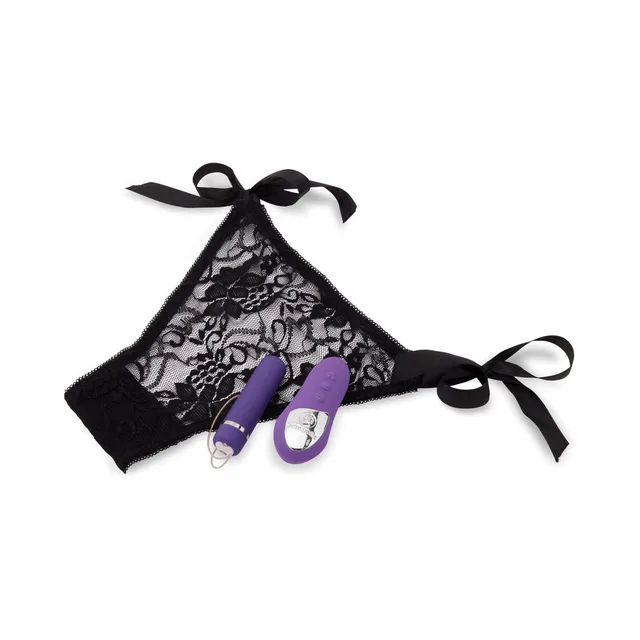 black lace tie-side panty with purple vibrator and matching oval remote