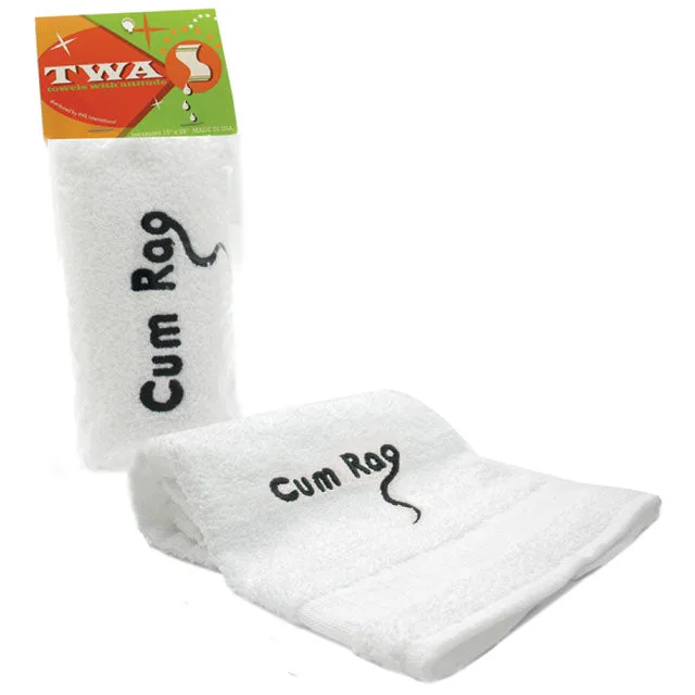 Folded white microfiber Cum Rag with black lettering beside its retail sleeve