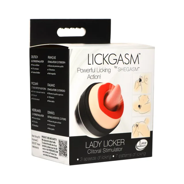 Lickgasm Lady Licker clitoral stimulator with red lips and pink tongue on box
