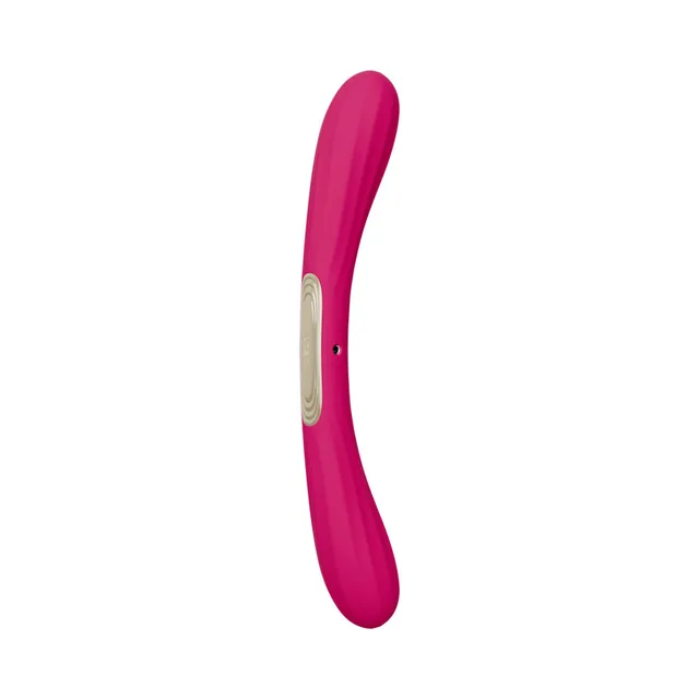 LELO BOOMERANG cerise dual-ended vibrator front view showing the gold control panel