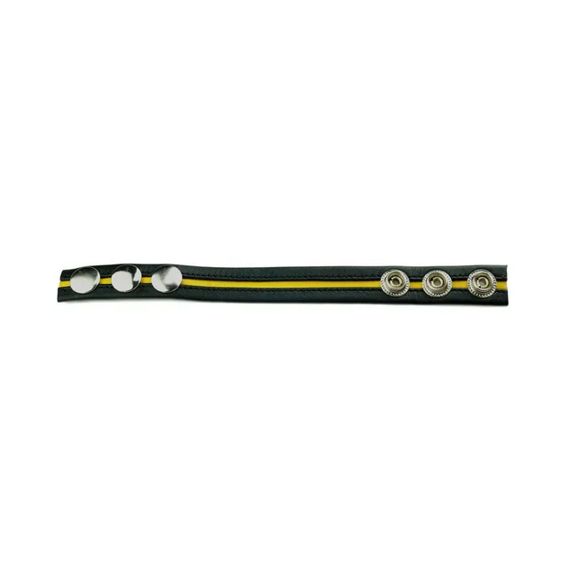Black-and-yellow Prowler RED cock strap laid flat with three snap positions
