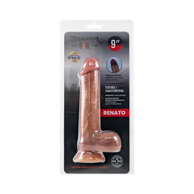 Camtoyz Renato brown realistic dildo front of clear blister packaging