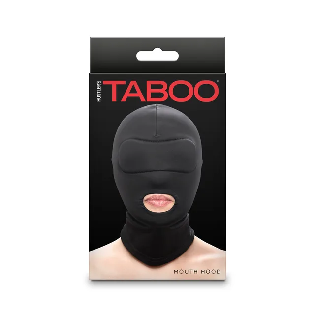 black Hustler Taboo full-head hood with exposed-mouth opening on retail card
