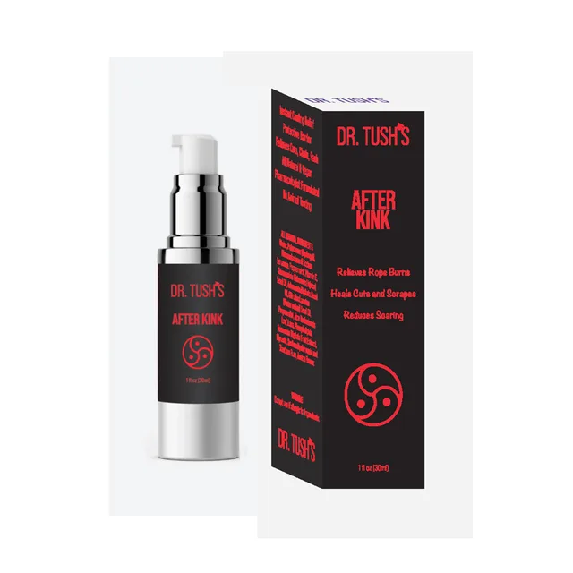 Dr. Tush's After Kink one-ounce pump bottle and black-red box
