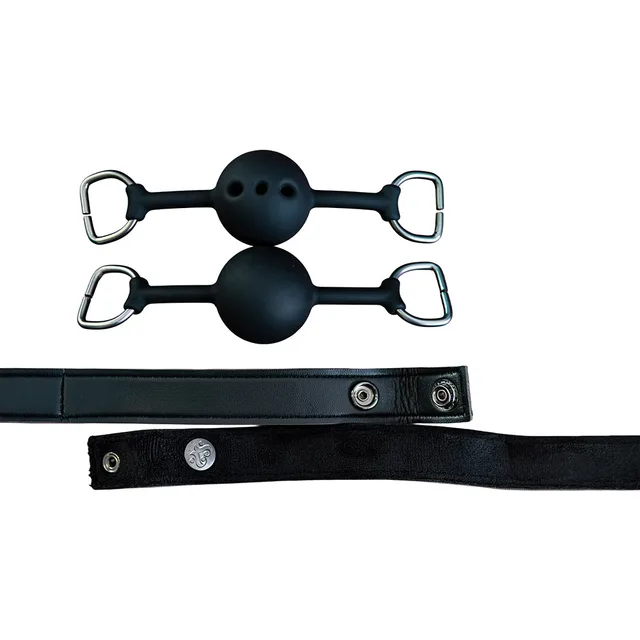Two black ball gags with silver rings and adjustable snap strap