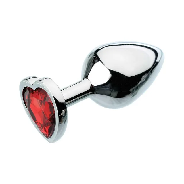 Adam & Eve Red Heart Medium metal anal plug horizontal side view with red heart base