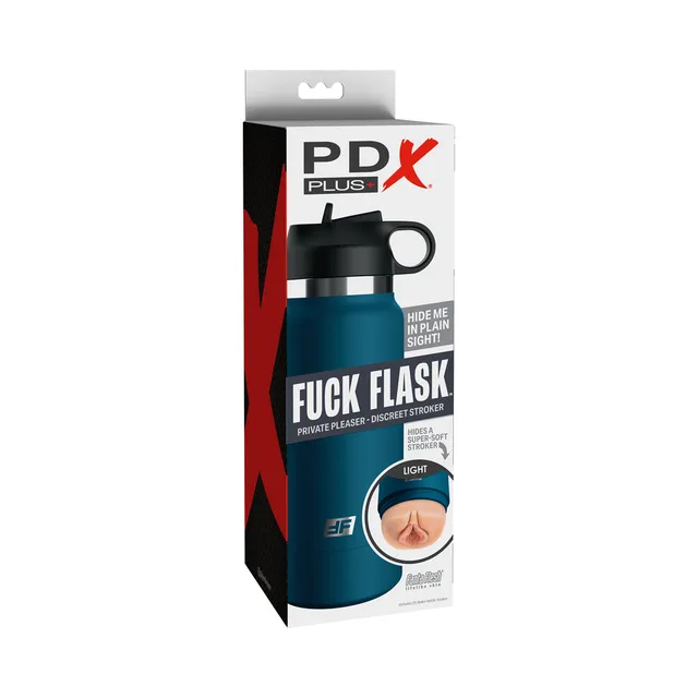PDX Plus blue Fuck Flask box showing light-tone textured sleeve opening