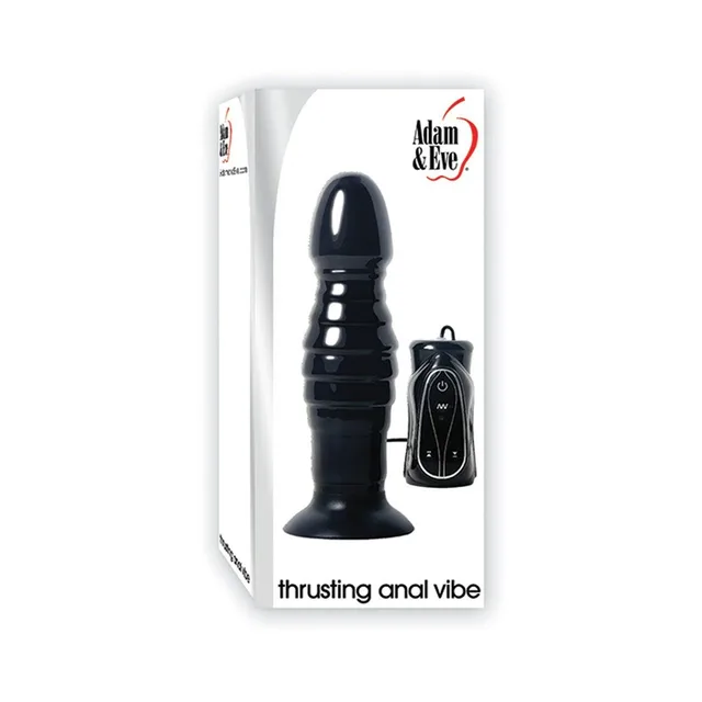 Adam & Eve black thrusting anal vibrator product and remote pictured on white retail box