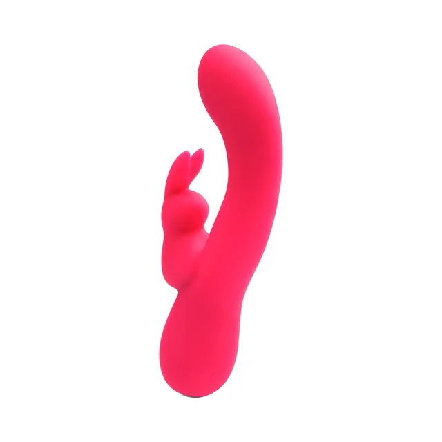 VeDO Kinky Bunny hot-pink vibrator upright front view showing curved main shaft and rabbit arm