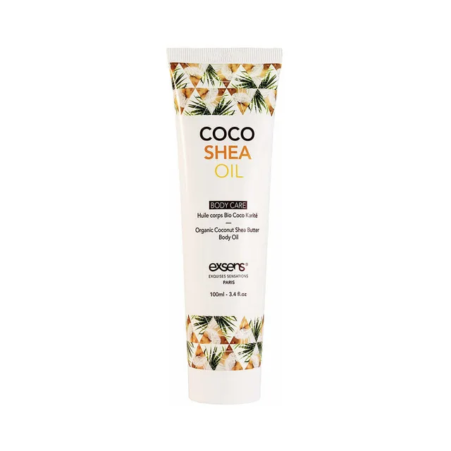 white Exsens Coco Shea Oil 3.4 oz squeeze tube with botanical pattern
