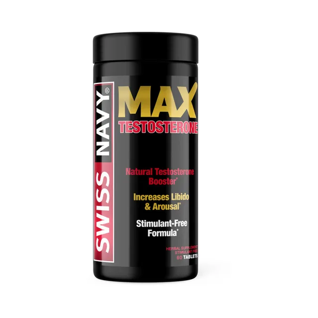 Swiss Navy MaxTestosterone black 60-count bottle with gold MAX lettering and red testosterone label accents