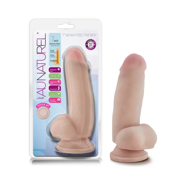 Au Naturel Fat Boy Beige 7 Inch Dildo beside blue white retail blister