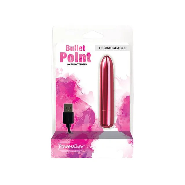 Pink Power Bullet Point vibrator and USB cable in retail package