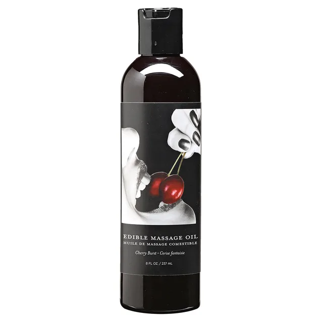 Earthly Body Cherry Burst dark massage oil bottle with cherry label