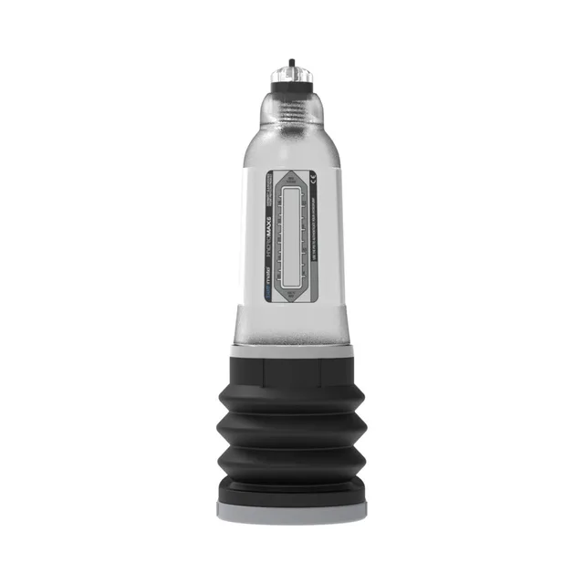 Bathmate Hydromax5 Clear penis pump isolated transparent cylinder with vertical gauge and black bellows base