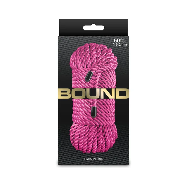 NS Novelties Bound 50 ft pink rope coiled inside the black hanging retail sleeve