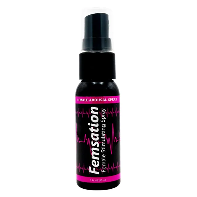 Body Action Femsation 1 oz spray slim black pump bottle with magenta heartbeat label and clear cap