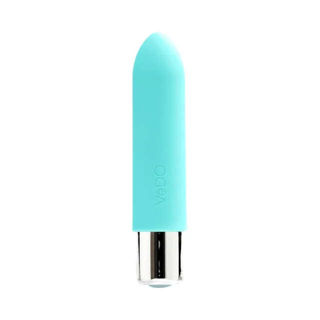 Turquoise VeDO Bam Mini bullet vibrator upright front view with metallic base