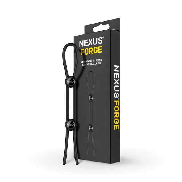 Nexus Forge black silicone cock and ball lasso ring beside angled retail box