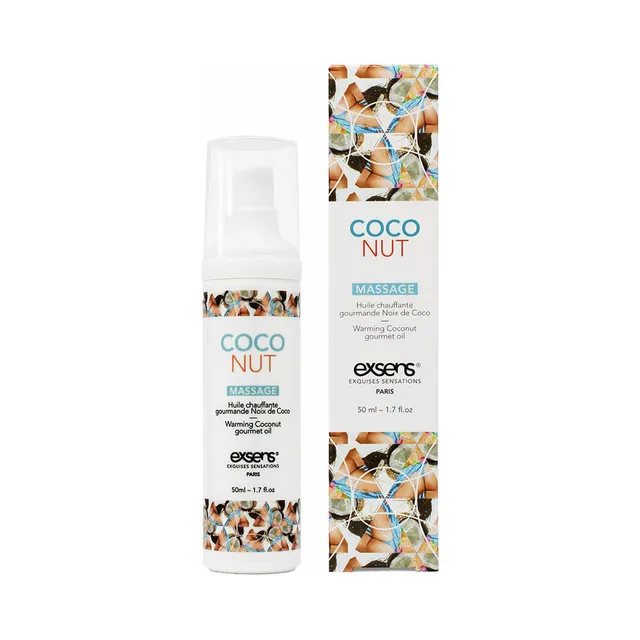 white pump bottle of Exsens Coconut massage gel beside coconut-patterned carton