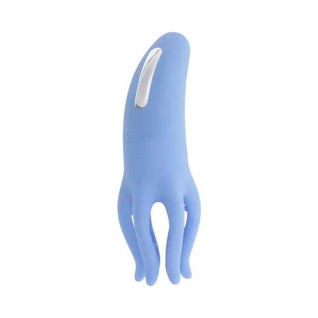 Front view of blue Tentacle Tickler with six dangling beads