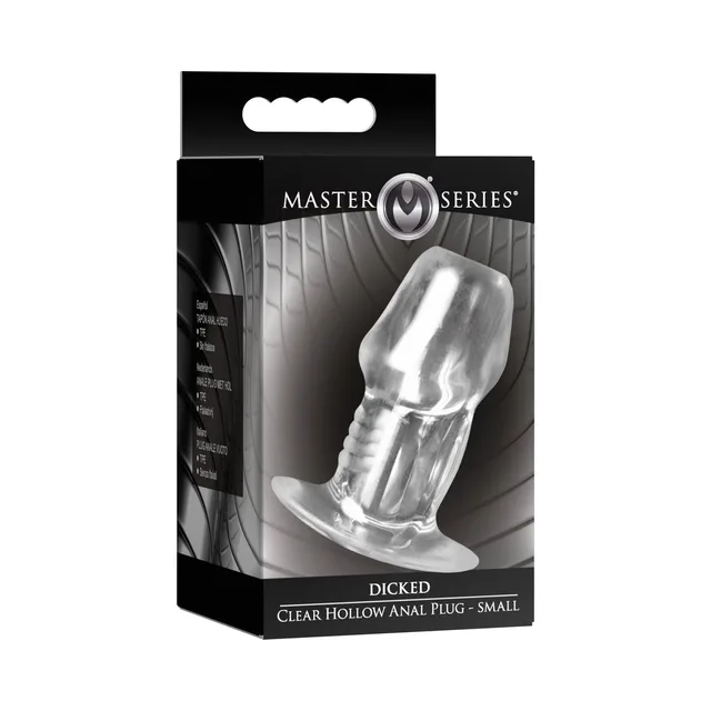 Small clear Master Series Dicked hollow plug in black window box