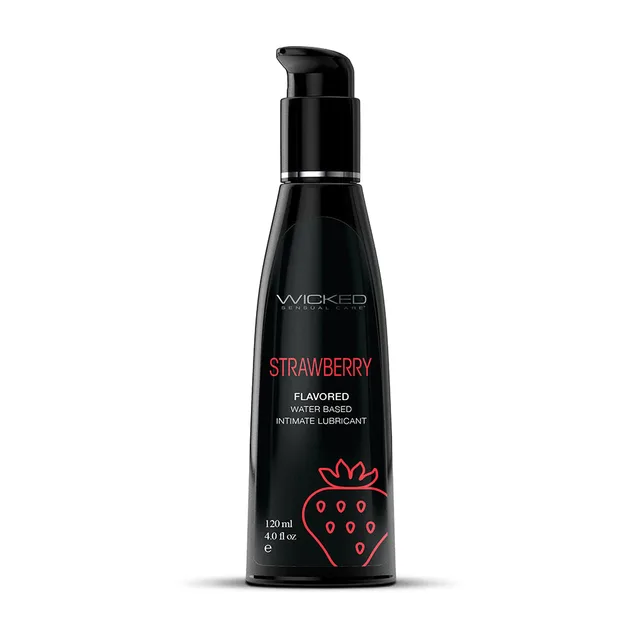Wicked Aqua Strawberry 4 oz lubricant front of curved black bottle with red lettering, berry graphic and pump dispenser