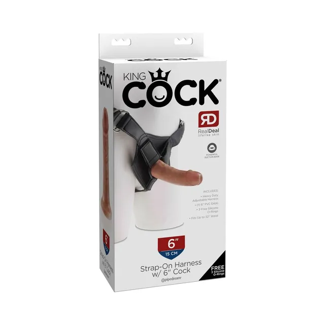 Pipedream King Cock strap-on set in white retail box with tan 6-inch dildo artwork